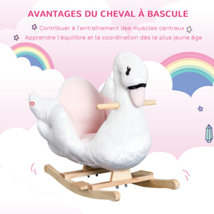 Cheval à bascule modèle cygne fonction musicale assise enveloppante cale-pieds bois peluche douce blanc rose