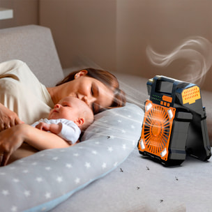 Ventilatore a 5 velocità con pannelli solari doppi, funzione antizanzare, timer, luce LED con 3 intensità, 80lm e power bank da 5200mAh.