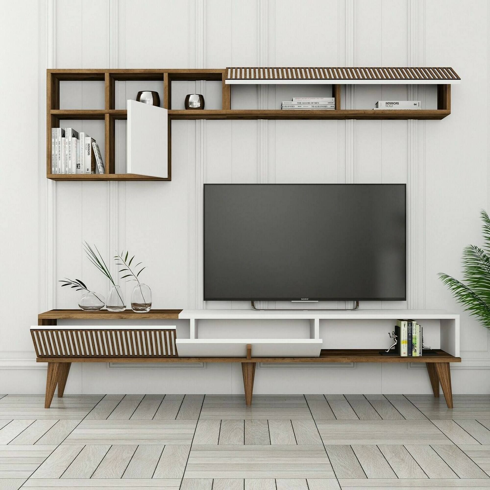 Parete attrezzata Dmalavas, Composizione soggiorno, Mobile salotto multiuso, Armadio porta TV, 180x35h40 cm, Noce e Bianco