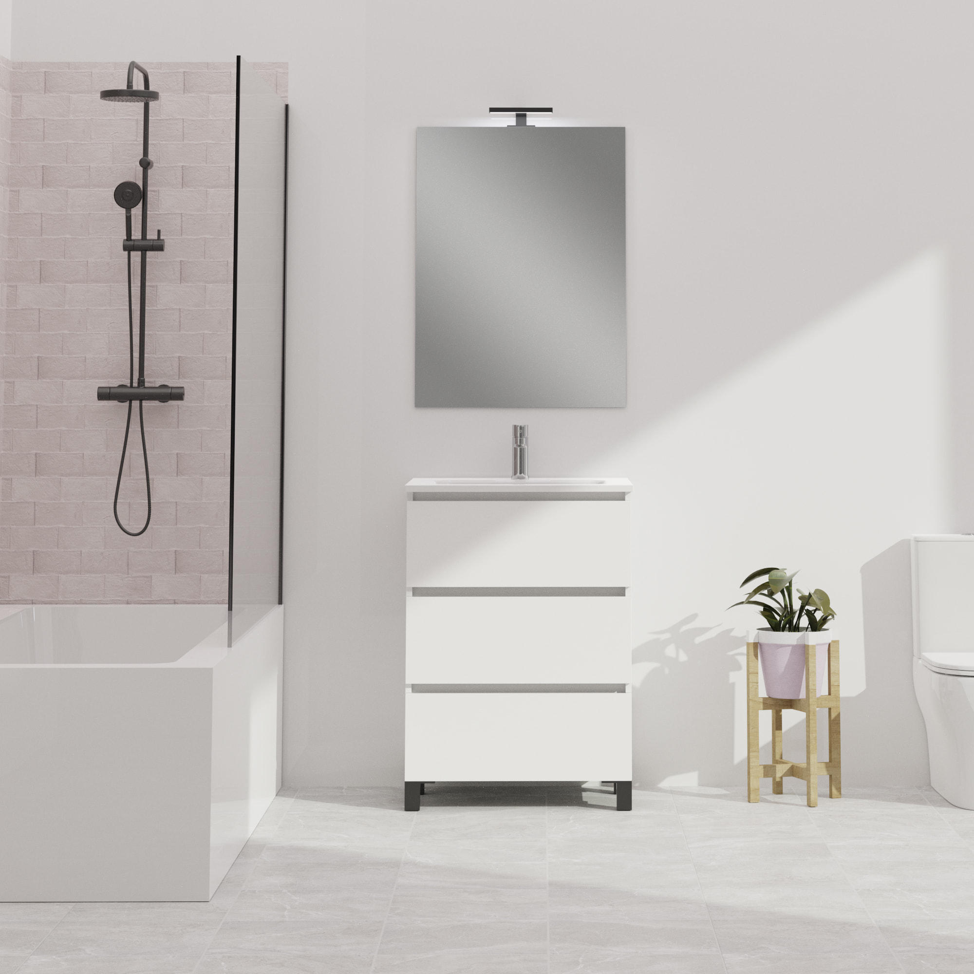 Conjunto de baño Wink | 60 cm Blanco Mate | Tres cajones | Lavabo encastrado | No incluye espejo | Mueble montado | Alday