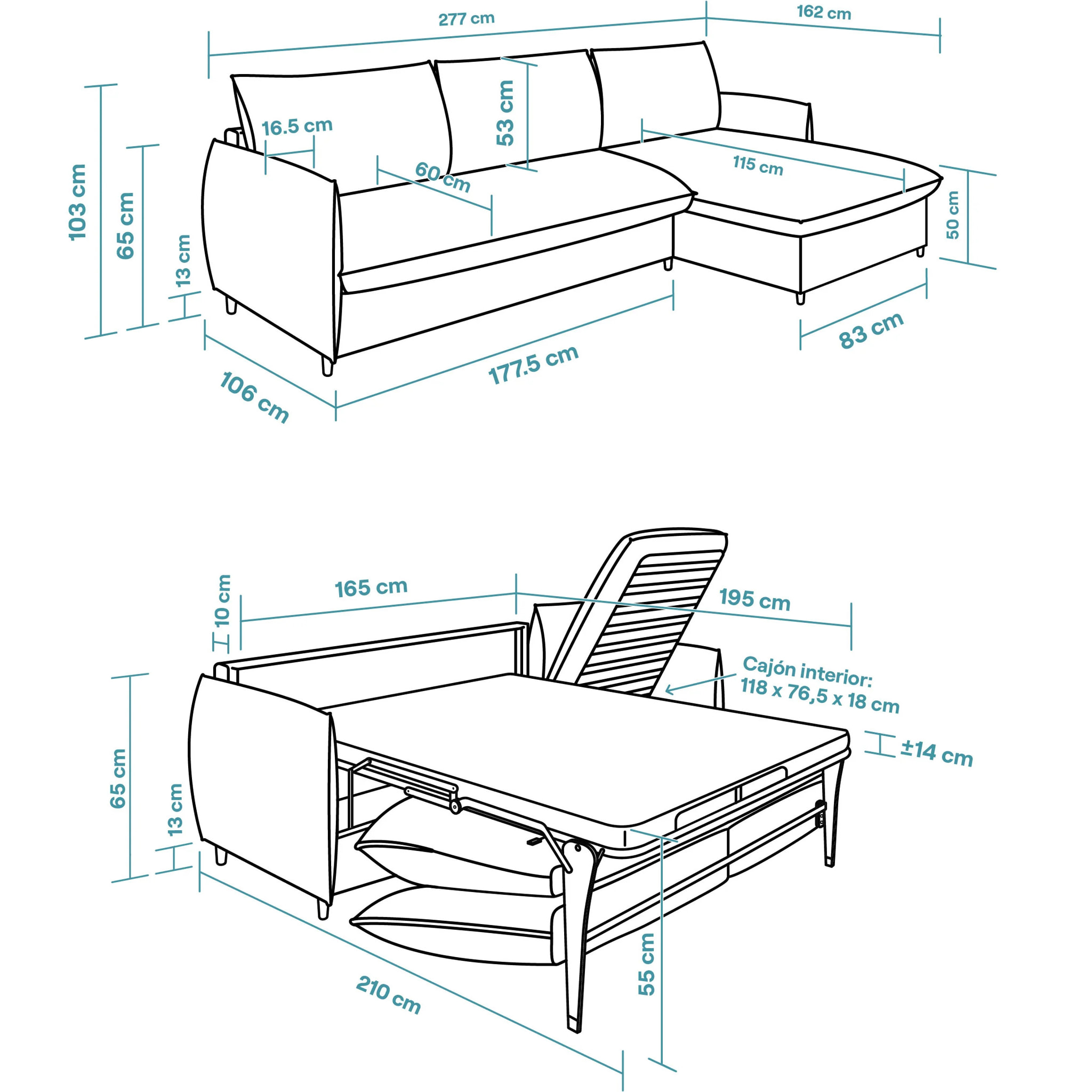 Sofá Cama Chaise Longue Intercambiable - Apertura Italiana - Colchón Matrimonio 140x195 - Tejido Anti-Manchas - 2 Cojines Función Almohada incluídos - 5 Años de Garantía