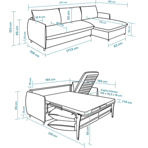 Sofá Cama Chaise Longue Intercambiable - Apertura Italiana - Colchón Matrimonio 140x195 - Tejido Anti-Manchas - 2 Cojines Función Almohada incluídos - 5 Años de Garantía