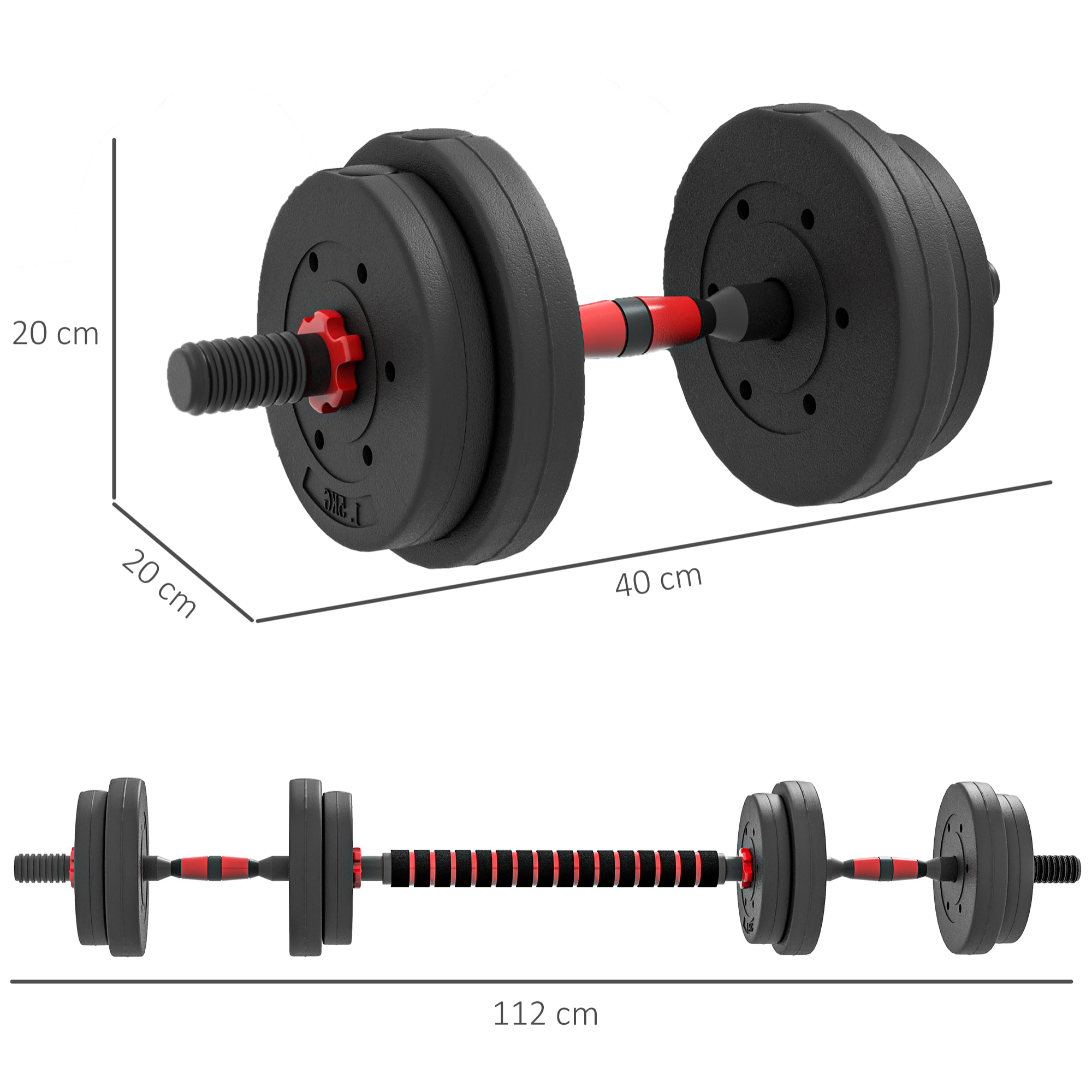 Ensemble d'haltères courtes total 15 Kg - barres incluses - entraînement musculaire & haltérophilie - acier HDPE noir rouge