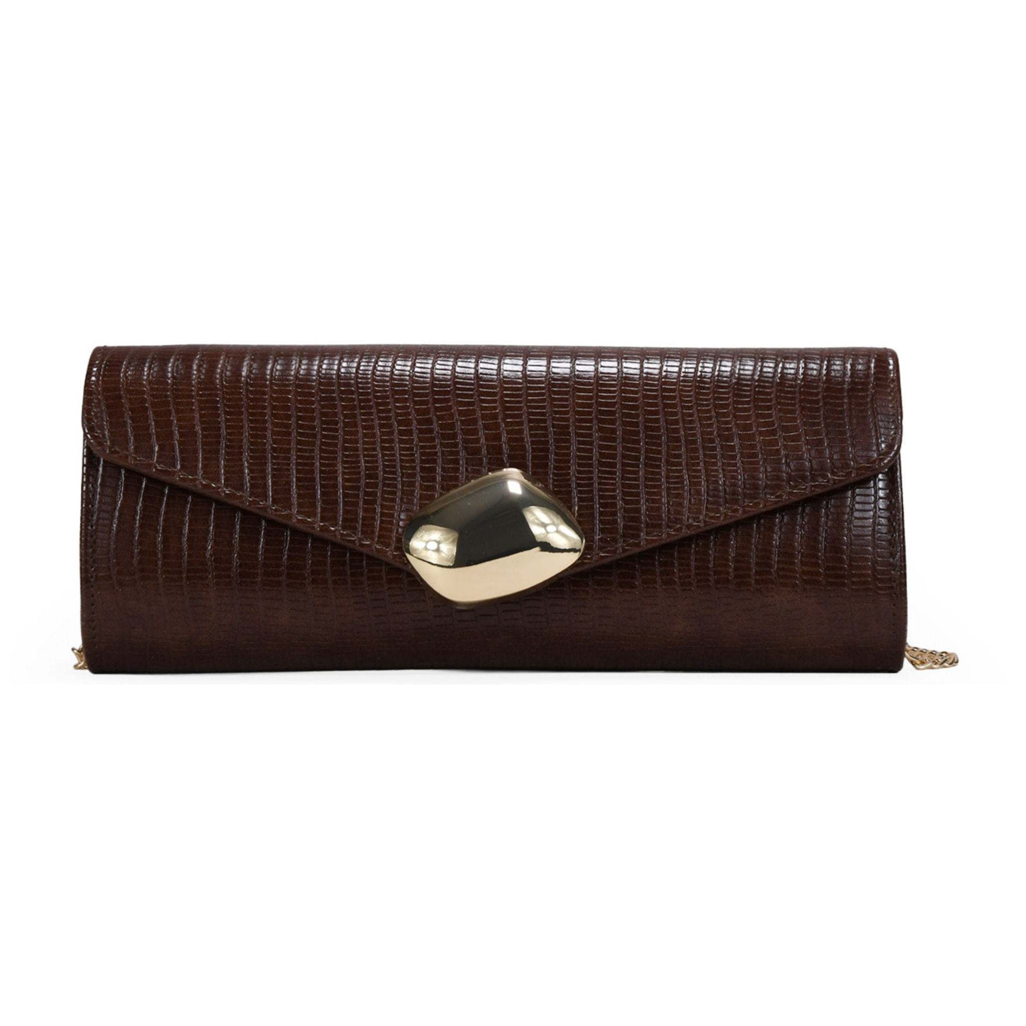Bolso de fiesta marrón con solapa y aplique
