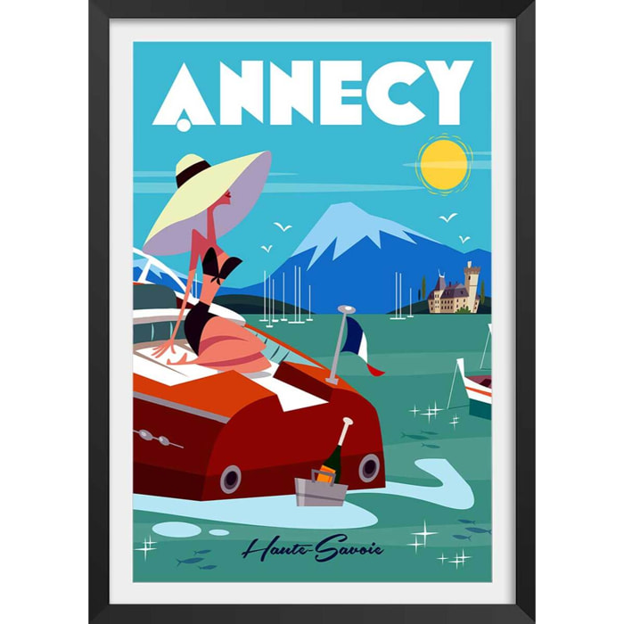 Poster de vedette du lac d' annecy Affiche + cadre en bois - Noir
