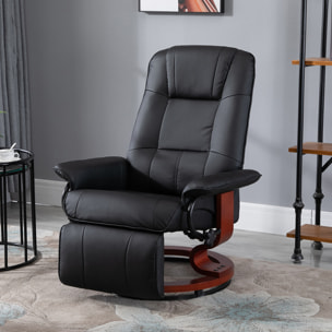 Fauteuil relax inclinable repose-pieds réglable pivotant 360° piètement bois revêtement PU noir