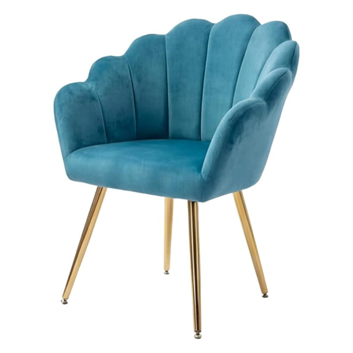 Poltrona in velluto design a conchiglia elegante e moderna, seduta imbottita confortevole con base in legno e gambe in metallo dorato, poltroncina versatile per soggiorno, camera o ufficio, stabile e resistente fino a 100 kg, stile raffinato e decorativo