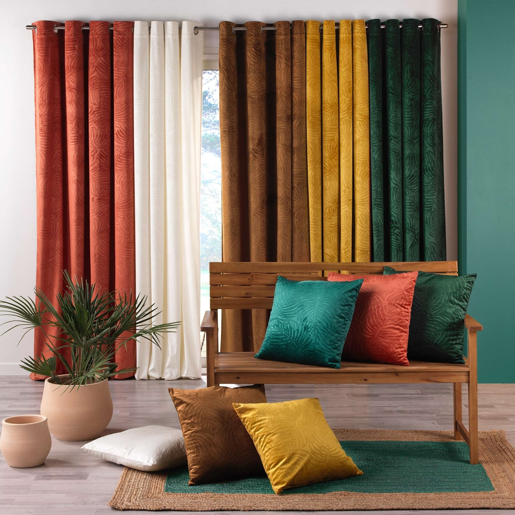 Rideau occultant en velours feuilles de monstera - Marron Clair