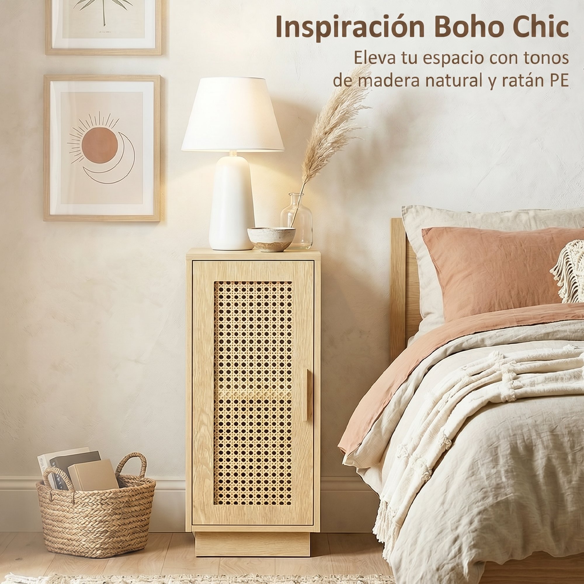 Conjunto de 2 Mesitas de Noche con Puerta de Ratán, Mesillas de Noche, Estilo Boho, con Estante Ajustable, Mesitas para Espacios Pequeños, Salón, Dormitorio, 25x30x60 cm, Madera Natural