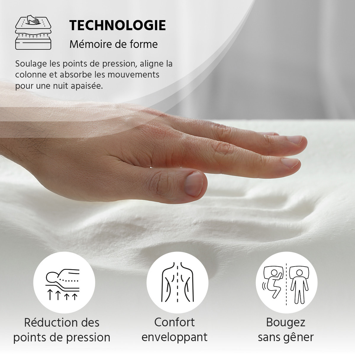 Matelas Sublime, 22 cm, Mémoire de Forme et Mousse Haute Densité, Soutien Mi-Ferme, Déhoussable, Fabrication Française