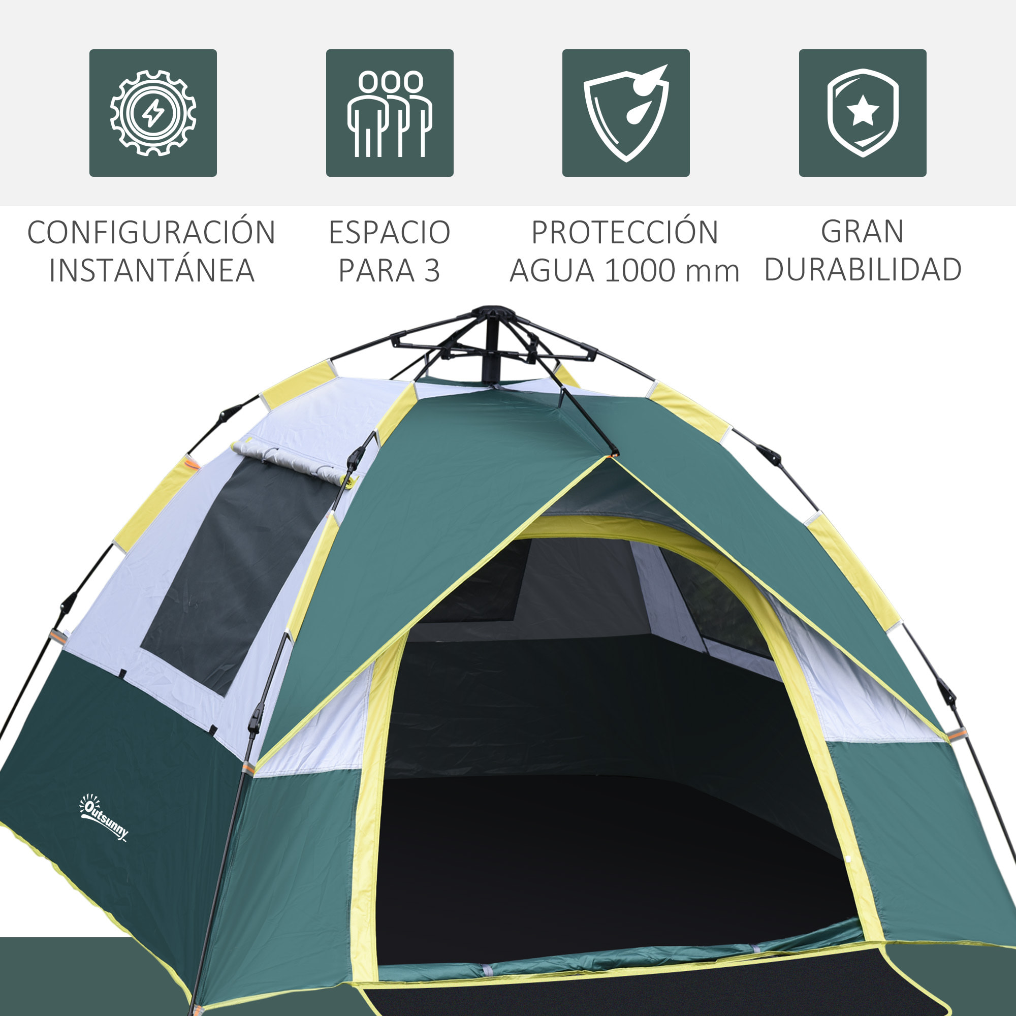 Tienda de Campaña para 3 Personas Tienda Camping Plegable con 1 Puerta 3 Ventanas Bolsa de Transporte y Apertura Automática para Playa Parque 205x195x135 cm Verde