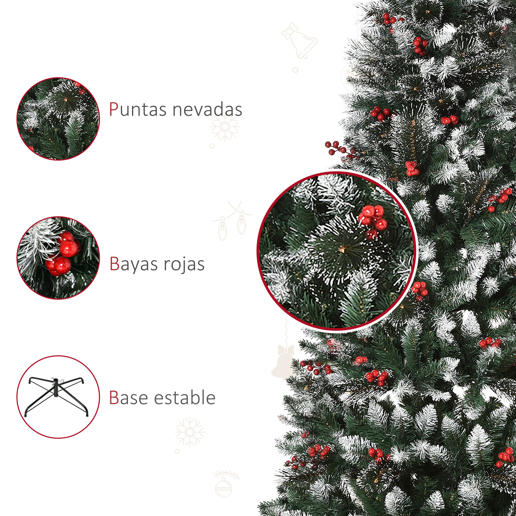 HOMCOM árbol de Navidad Artificial con Nieve 180 cm Ignífugo con 539 Ramas 51 Bayas Hojas de PVC Base Plegable y Soporte Metálico Decoración Navideña para Interiores Verde