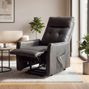 HOMCOM Sillón Relax Reclinable Eléctrico Levanta Personas, Tapizado en Cuero PU, Sillón Elevador con Control Remoto, Asiento de Muelles, Reposapiés, Respaldo Alto, Bolsillos Laterales, Gris