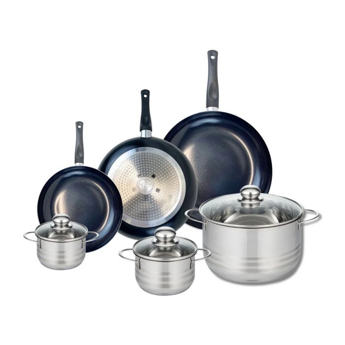 Ensemble de 3 Poêles de cuisson 20, 24 et 28 cm et 3 faitouts 12, 14 et 24 cm Elo Prima Brillant
