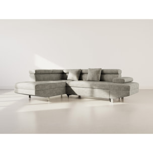 Margaux - Canapé d'angle gauche 5 places convertible avec coffre et têtières réglables en velours texturé - Vert