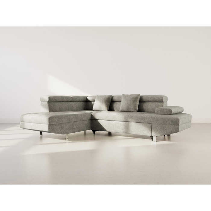 Margaux - Canapé d'angle gauche 5 places convertible avec coffre et têtières réglables en velours texturé - Vert