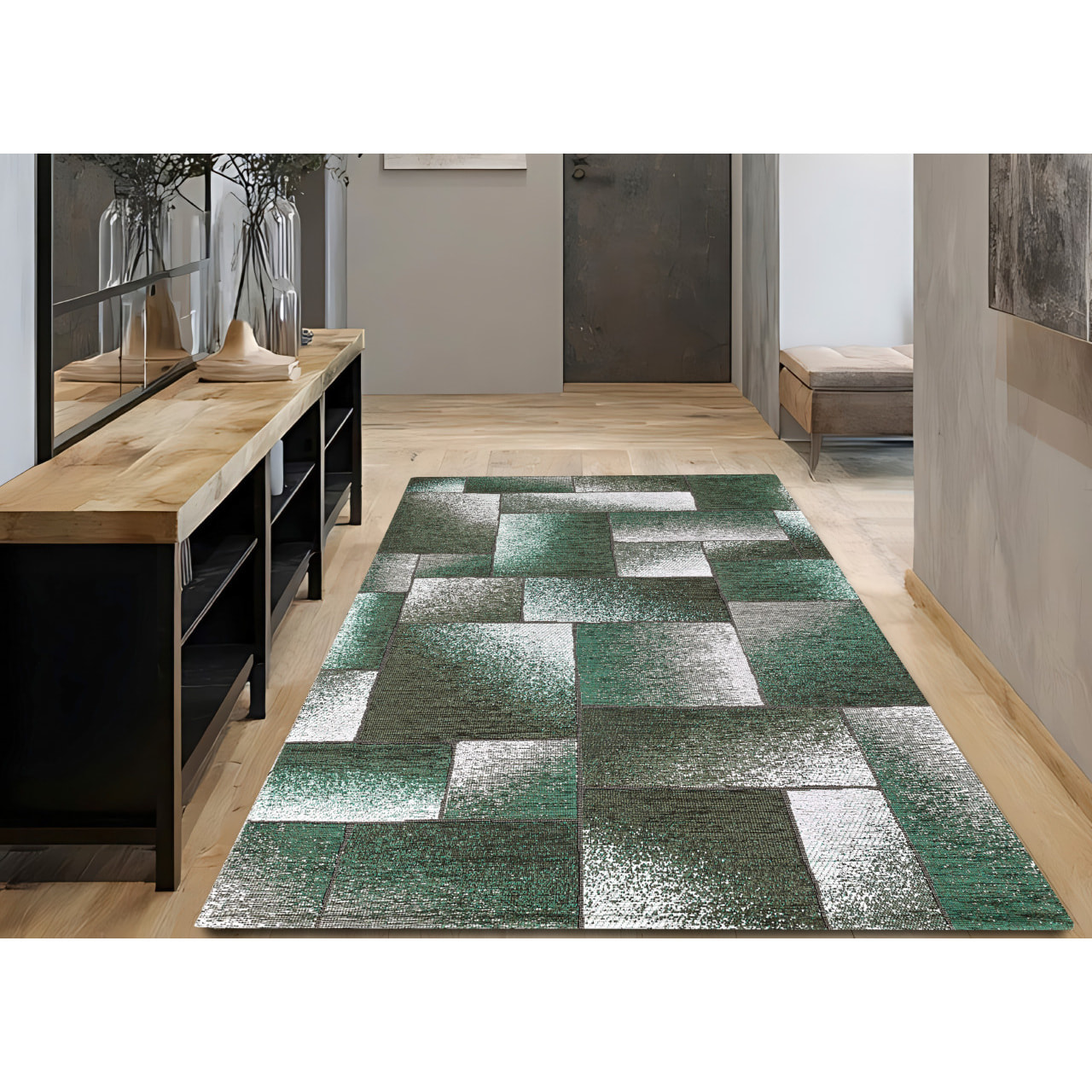 Tappeto Jacquard Ideale Salotto Camera Ingresso Made In Italy Antiscivolo, Lavabile, Morbido Disegno Tetrix Verde By Suardi