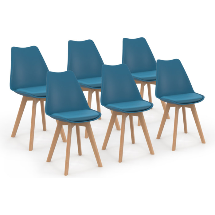 Chaises Nordia bleu canard pieds bois - lot de 6