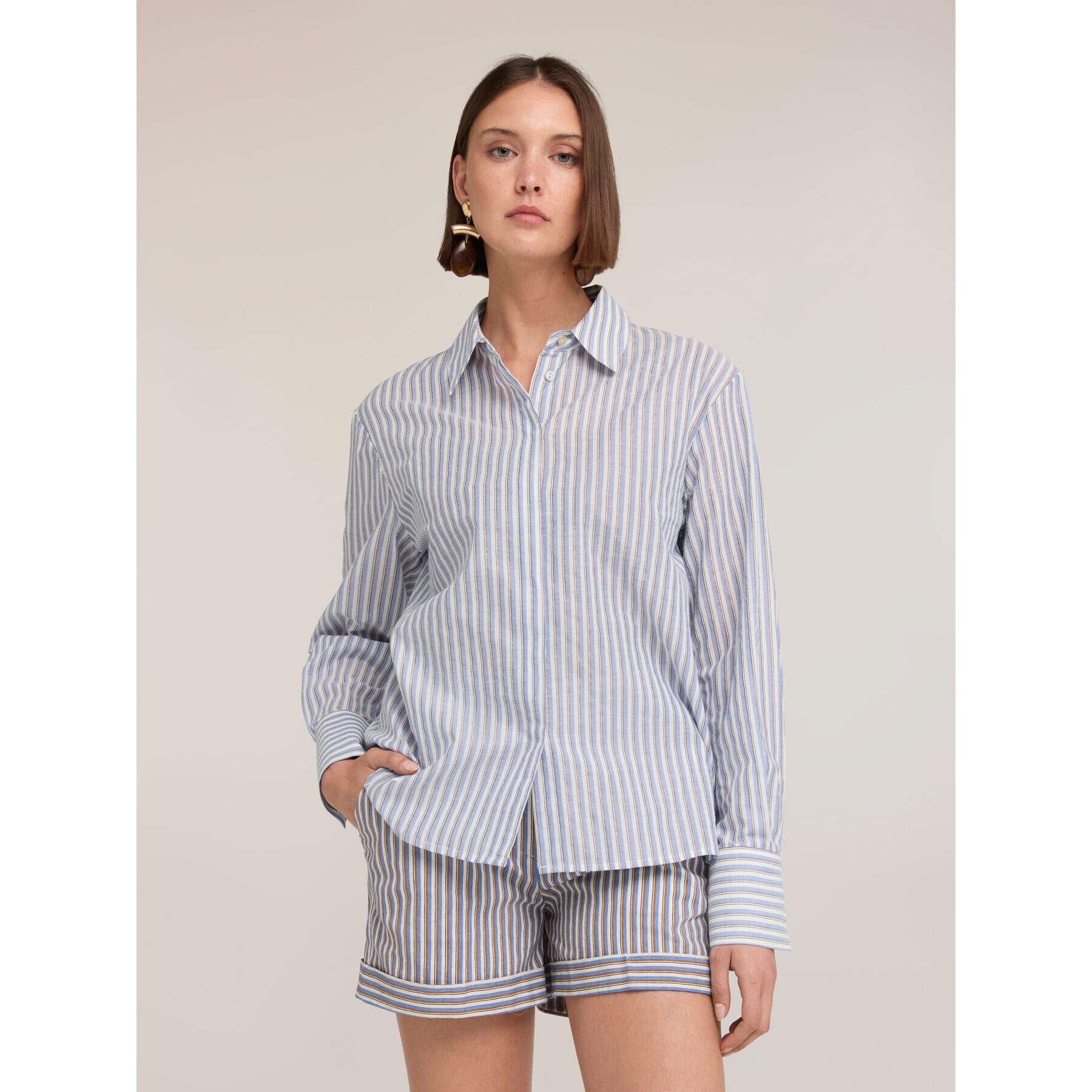 Motivi - Camicia in popeline a righe lurex - Azzurro