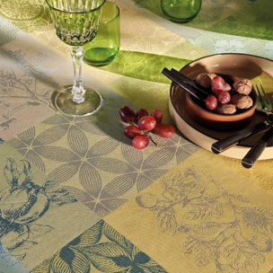 Nappe pur coton enduit motif jacquard jaune vert Mille parfums limoni