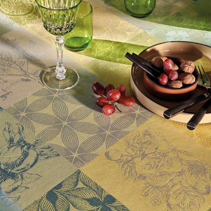 Nappe pur coton enduit motif jacquard jaune vert Mille parfums limoni