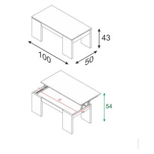 Tavolino da salotto Malibu, Tavolino da caffè con piano elevabile, Tavolo basso da soggiorno, cm 100x50h43/84, Bianco lucido