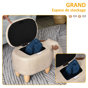 Tabouret vache - pouf vachette - pouf taureau coffre de rangement 2 en 1 - pieds bois d'hévéa revêtement synthétique crème