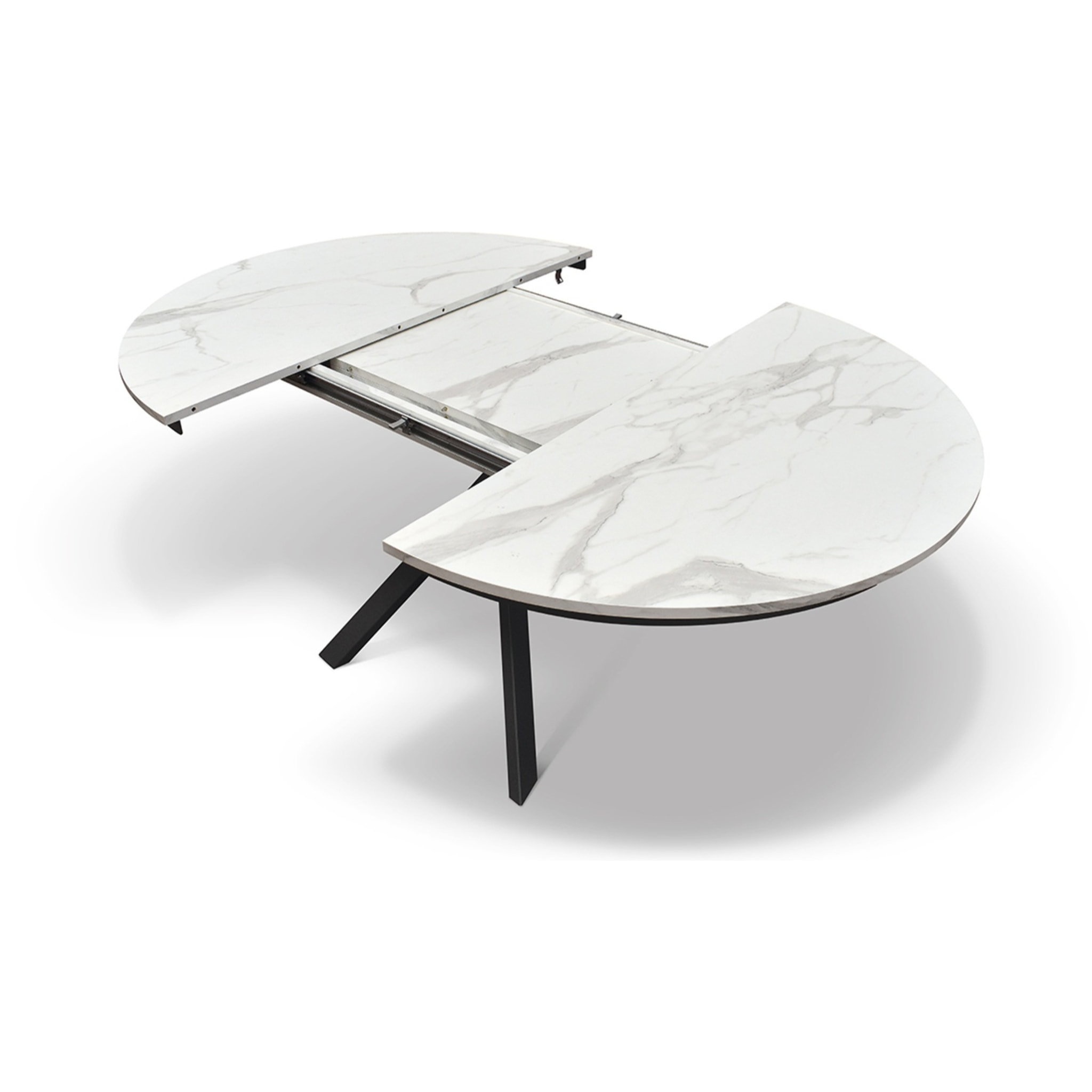 Tavolo rotondo PANTELLERIA in legno, finitura bianco statuario e gambe in metallo nero, allungabile Ø120xH75,3 cm - 170x120x75,3 cm