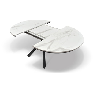 Tavolo rotondo PANTELLERIA in legno, finitura bianco statuario e gambe in metallo nero, allungabile Ø120xH75,3 cm - 170x120x75,3 cm