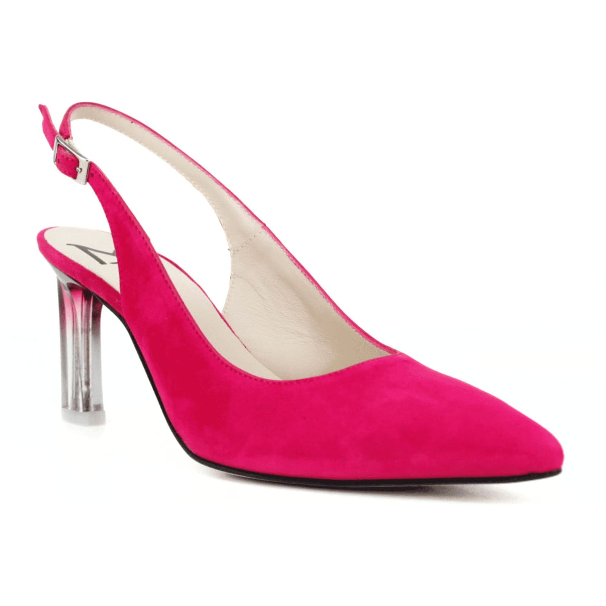 Salón en color fucsia con tacón en metacrilato combi. Tacón 7 cm
