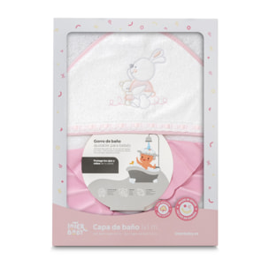 Capa Baño 1X1 Mod Conejitos Abrazos Pasacinta + Gorro Bco/Rosa