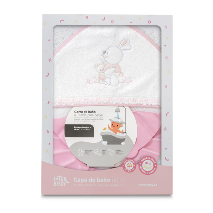 Capa Baño 1X1 Mod Conejitos Abrazos Pasacinta + Gorro Bco/Rosa