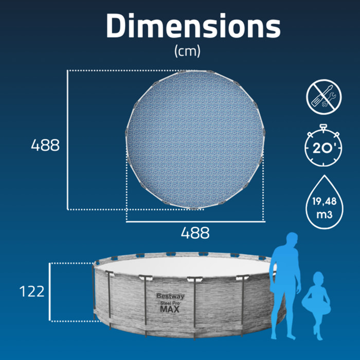 Bestway Piscine hors sol - Ronde - Steel Pro Max - Décor pierres - 488 x 122 cm