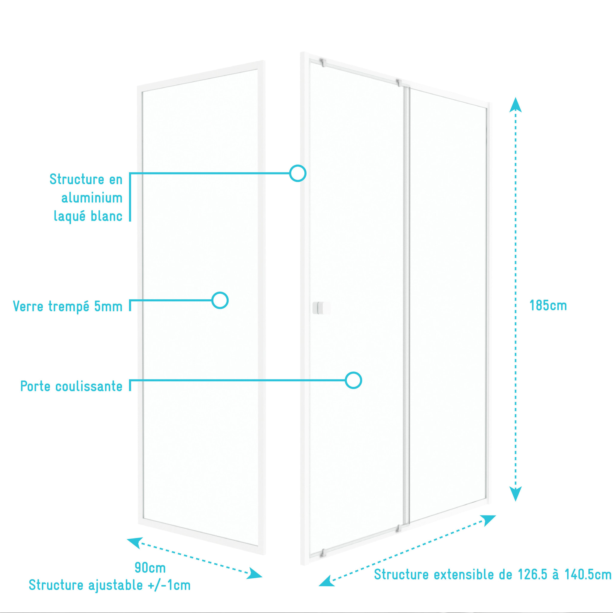 Pack porte de douche Coulissante blanc 140x185cm + retour 90 verre transparent 5mm - WHITY slide