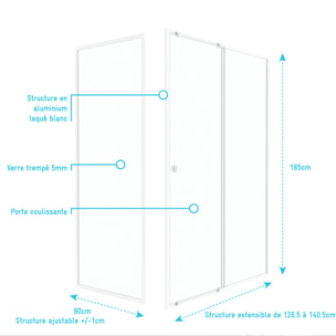 Pack porte de douche Coulissante blanc 140x185cm + retour 90 verre transparent 5mm - WHITY slide