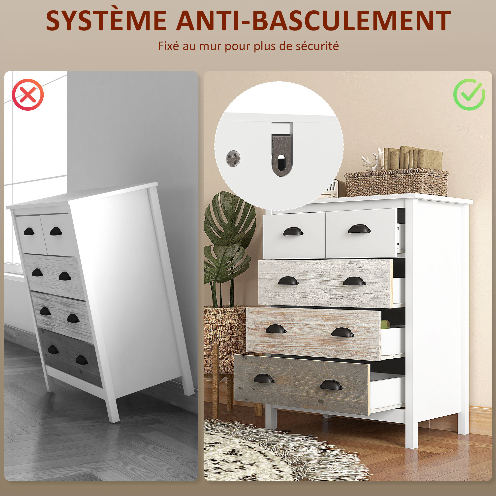 Commode 5 tiroirs style  shabby chic - poignées coquille métal noir - 70 x 38 x 85 cm - blanc effet bois
