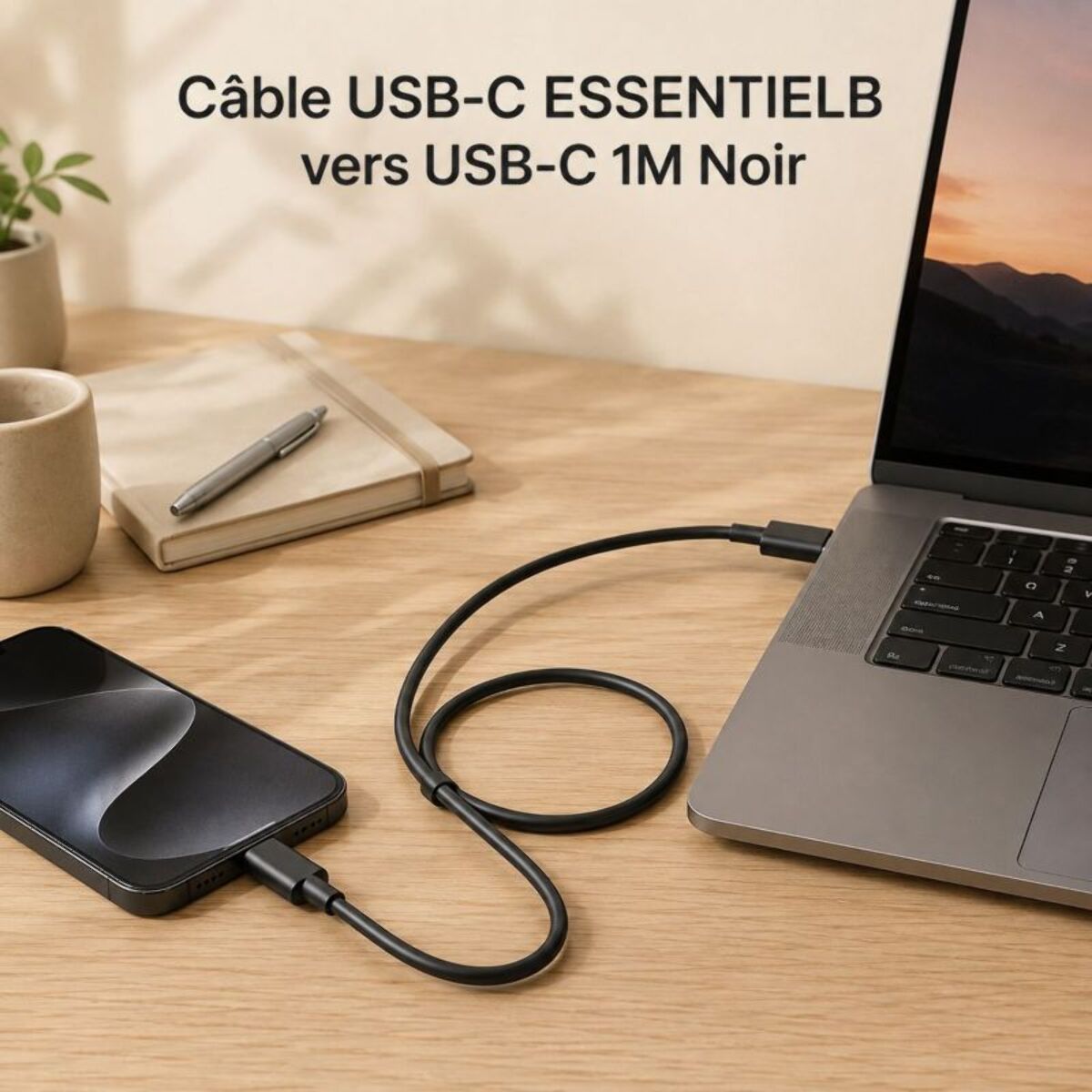Câble USB C ESSENTIELB vers USB-C 1M Noir compatible iPhone 17 16 15 Pro Max et Samsung Galaxy S25 S24 Ultra