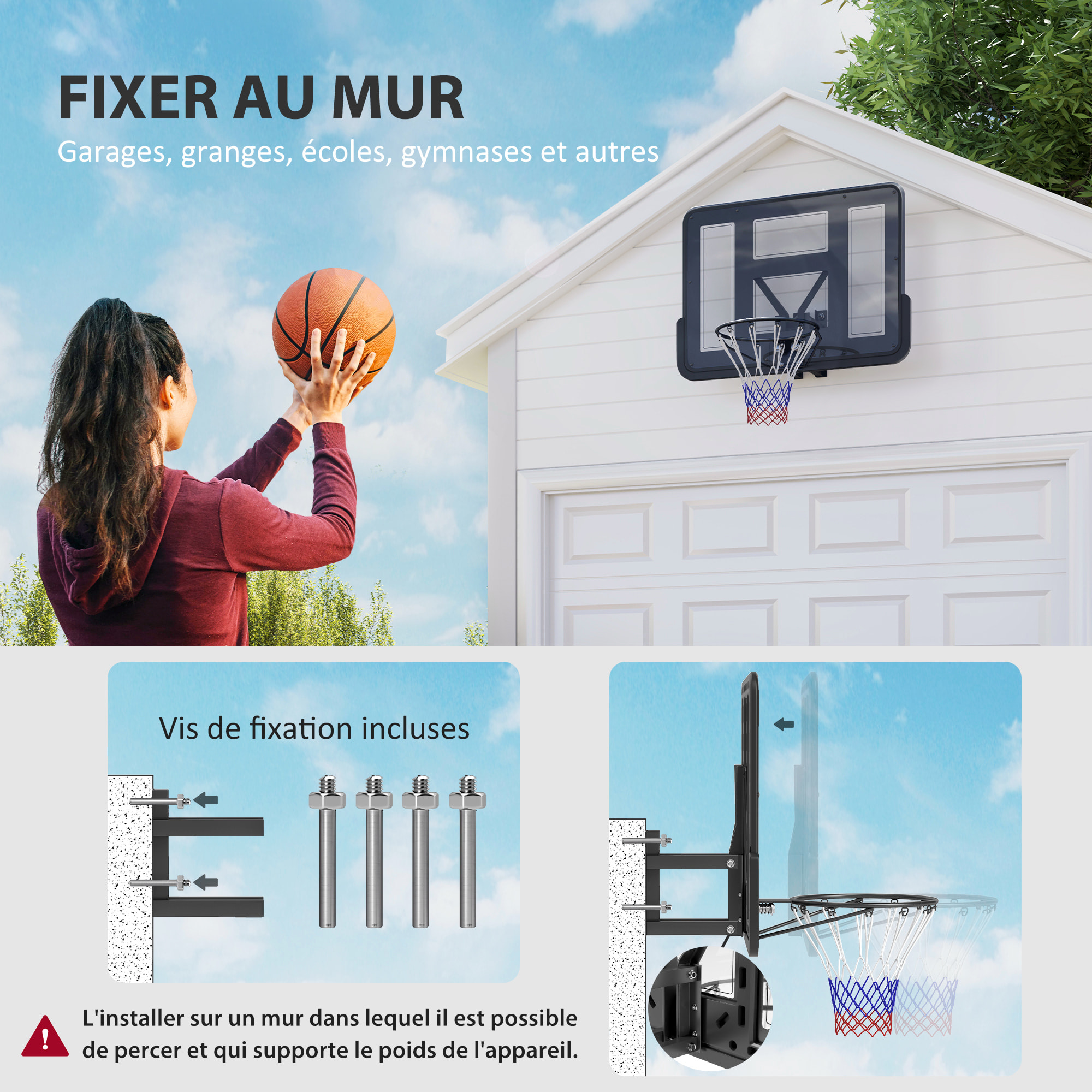 Panier de basket-ball mural - kit fixation murale inclus - acier PVC noir