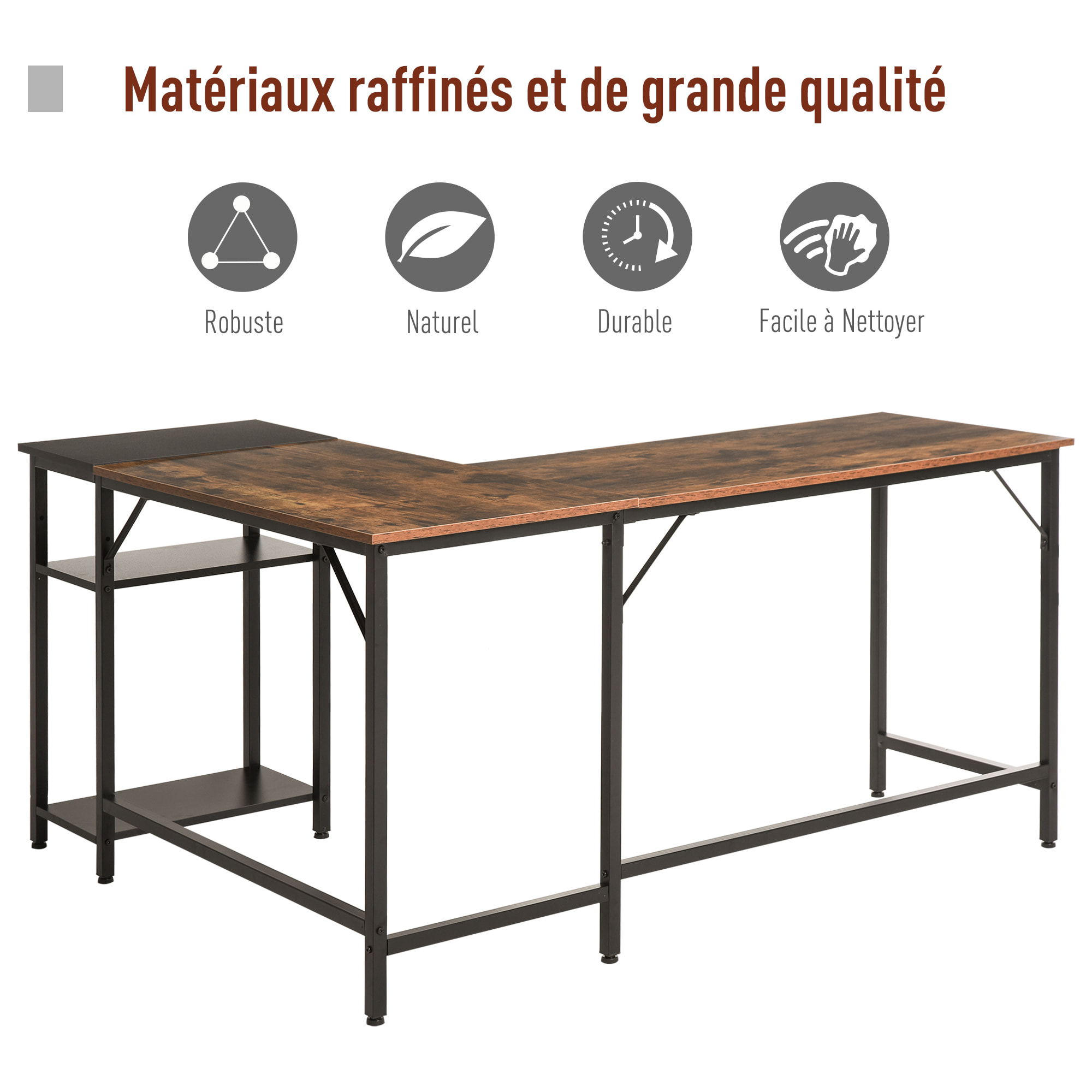 Bureau informatique design industriel bureau d'angle 2 tablettes support CPU imprimante aspect vieux bois métal noir