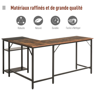 Bureau informatique design industriel bureau d'angle 2 tablettes support CPU imprimante aspect vieux bois métal noir