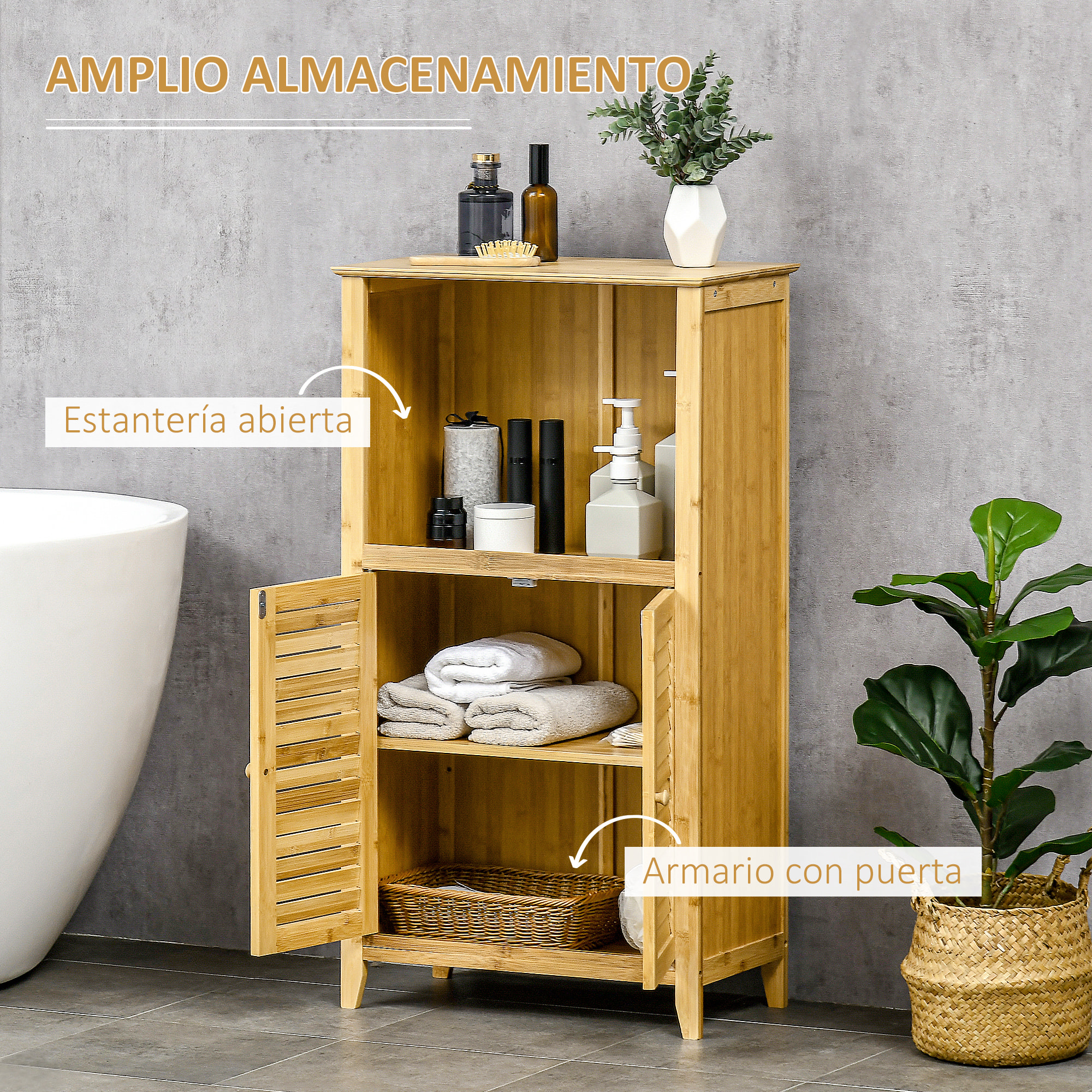 Armario Auxiliar de Baño de Bambú Armario de Suelo de Baño con 2 Puertas Compartimiento Abierto y Estante Ajustable 50x25,5x92 cm Natural