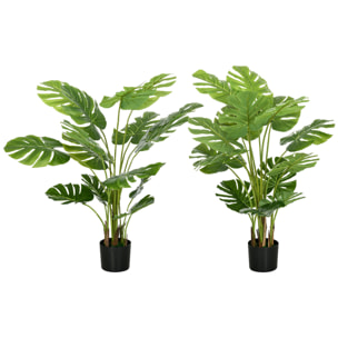 Lot de 2 plantes artificielles Monstera H. 120 cm tronc branches lichen feuilles de tortue grand réalisme pots inclus