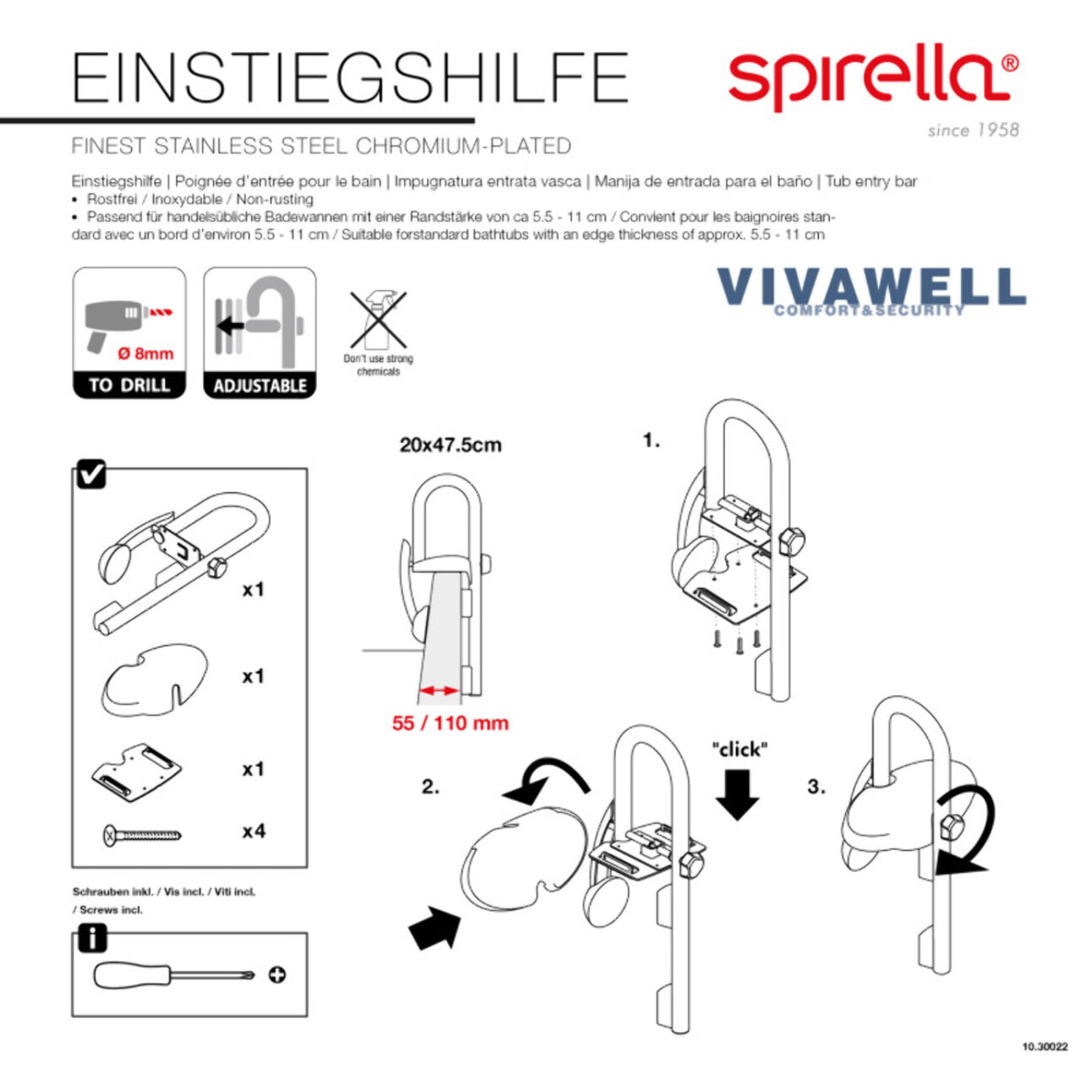 Poignée d'entrée pour le bain Acier Inox Chromé Spirella