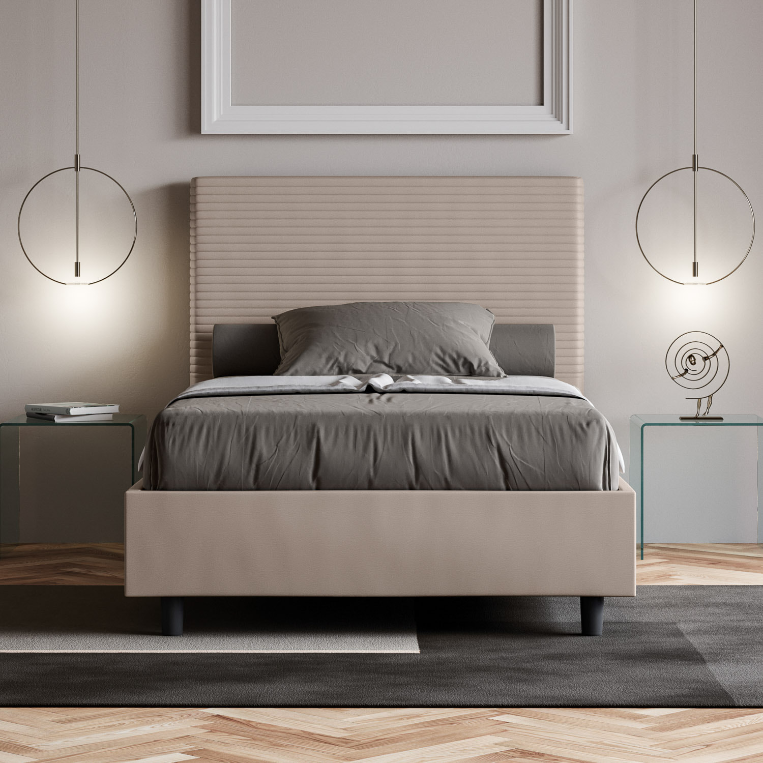 Letto una piazza e mezza con rete imbottito 120x210 similpelle tortora Focus