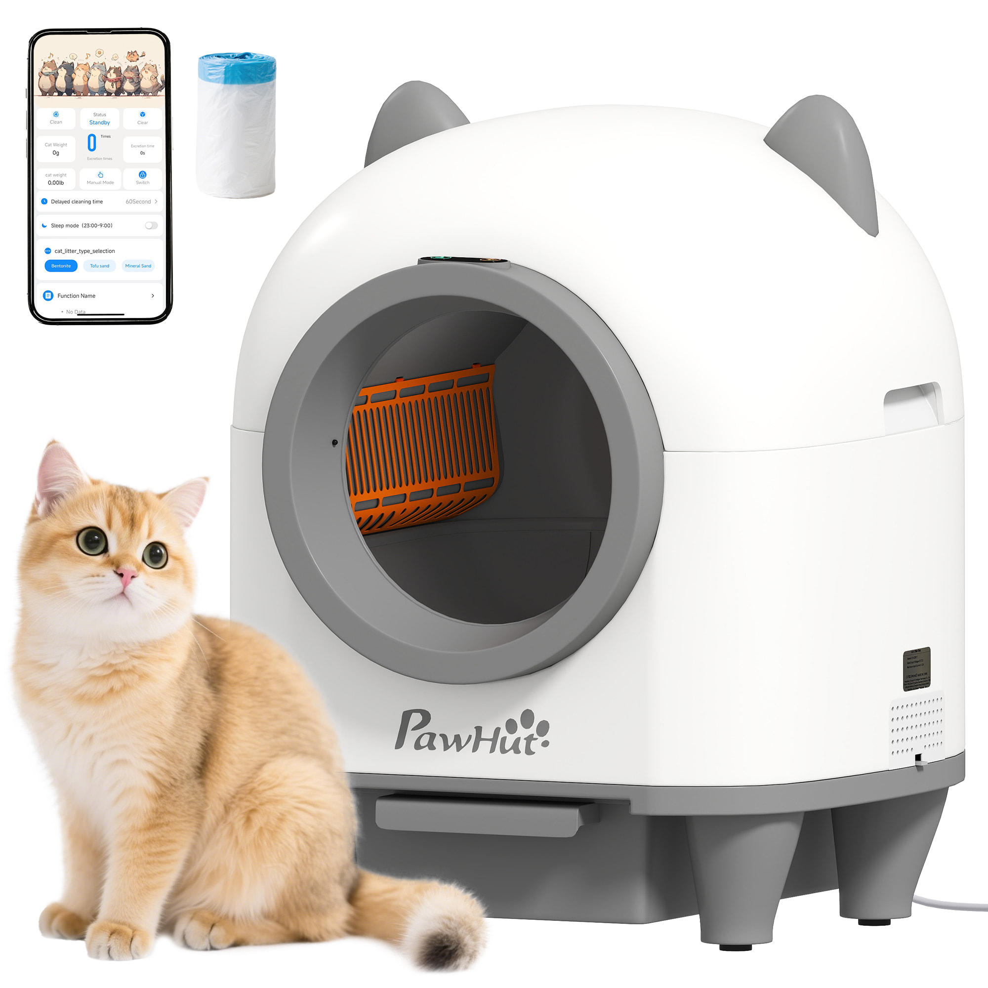 Bac à litière autonettoyante pour chat - maison de toilette autonettoyante - 80L - blanc gris