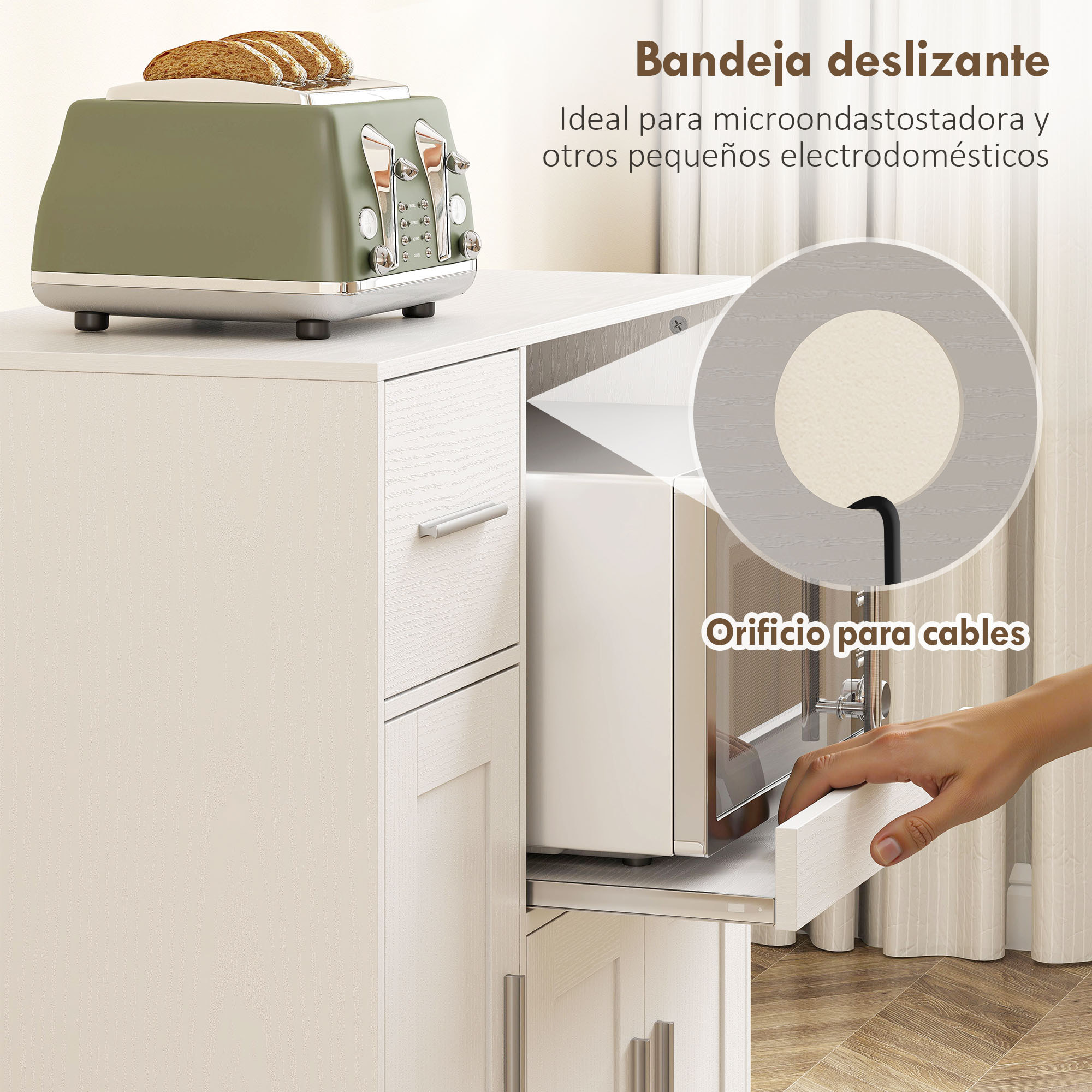 Mueble Auxiliar de Cocina con Ruedas, Aparador de Cocina para Microondas con Bandeja Deslizante, Cajón, 3 Puertas, Estante Ajustable y Orificio para Cables, para Salón, 80x40x88,7 cm, Blanco