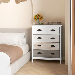 Commode 5 tiroirs style  shabby chic - poignées coquille métal noir - 70 x 38 x 85 cm - blanc effet bois