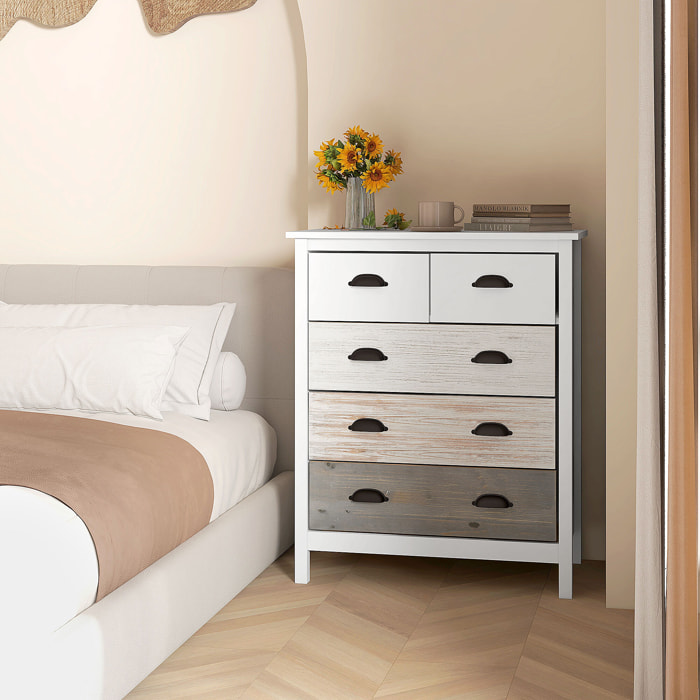Commode 5 tiroirs style  shabby chic - poignées coquille métal noir - 70 x 38 x 85 cm - blanc effet bois