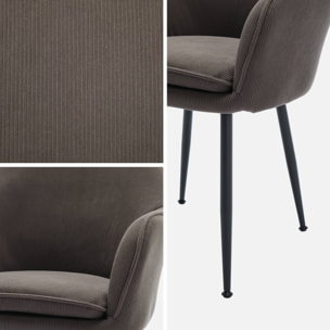 Fauteuil en velours côtelé gris foncé et pieds en métal noir mat. L 57 x P 59 x H 84.5