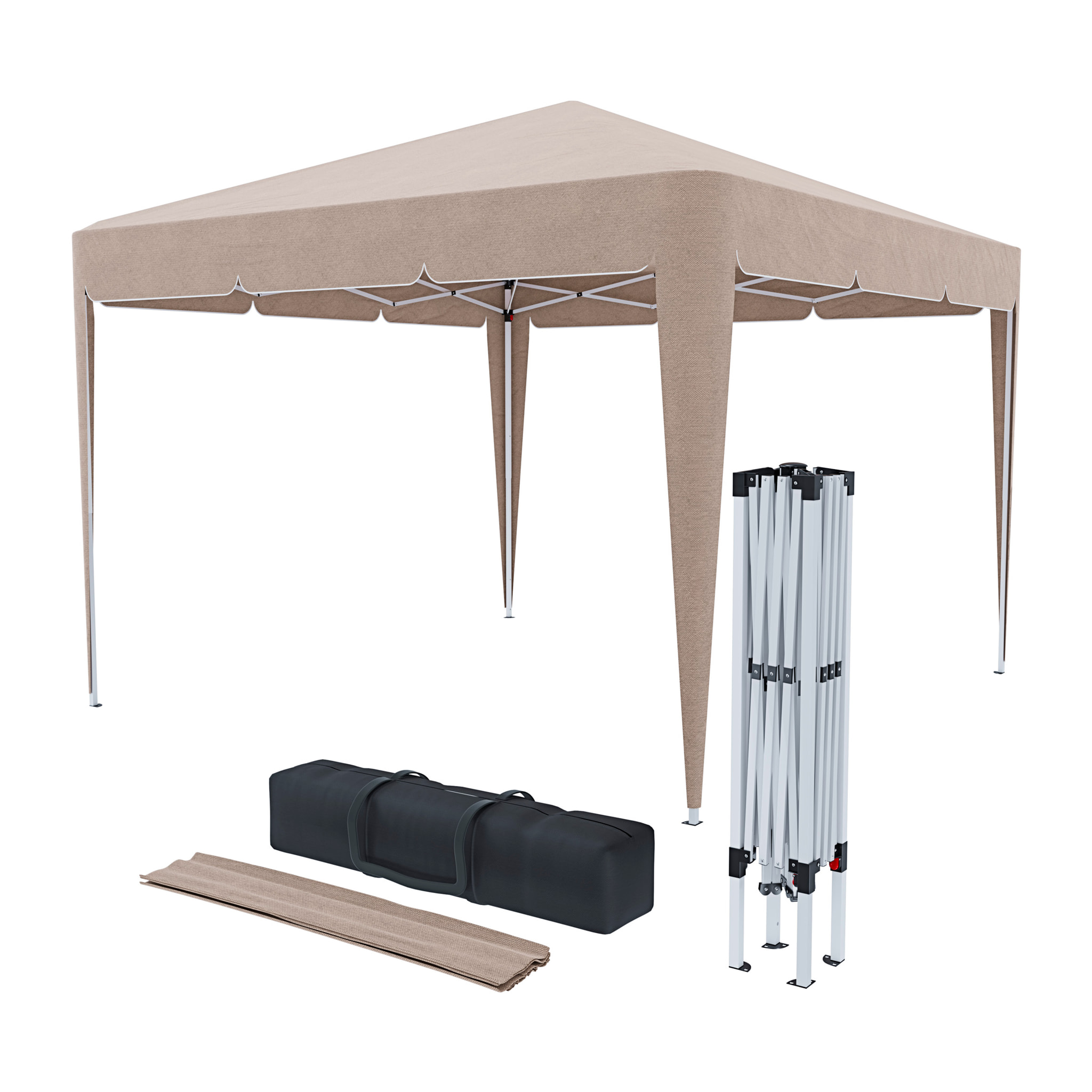Gazebo Pieghevole Impermeabile 3 x 3 M Giardino Con 4 Sacche Pesi Sacca Trasporto Chiusura Fisarmonica Struttura Acciaio Copertura 160 gr/m² Tortora